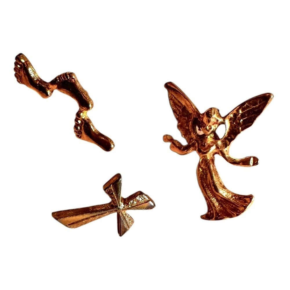 Vintage Christian Angel; Feet; Cross Religious Lapel Pin Lot of 3 Gold Tone